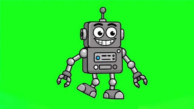 A charming 2D animation of a grey robot with a smiling face performing a fun dance routine. The character is isolated on a chroma key green screen and is optimized for lip sync for tech-themed educati