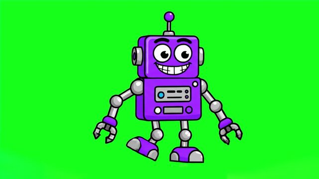 A stylized purple cartoon robot with big expressive eyes and a metallic chassis performs a futuristic, funny dance routine against a solid green screen backdrop. Perfect for coding school advertisemen