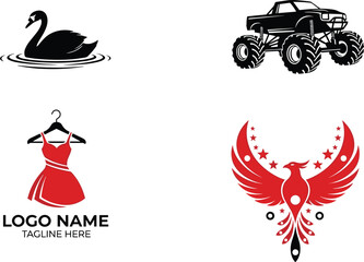 Diverse Logo and Icon Collection Featuring Elegant Swan Silhouette Monster Truck Graphic Red Dress Fashion Boutique Symbol and Patriotic Phoenix Wing Crest © SUMON