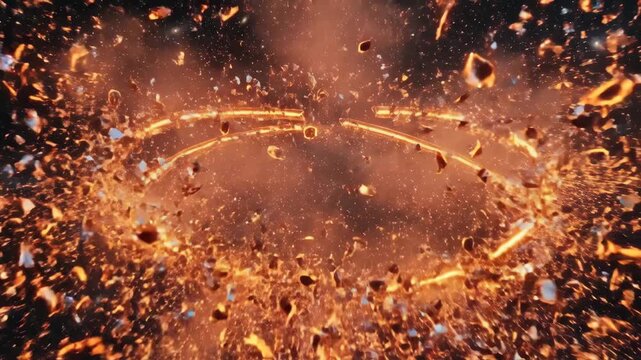 Broken orange neon rings glowing in dark space, scattered luminous fragments and bold futuristic tension, ultra-realistic, no logos.