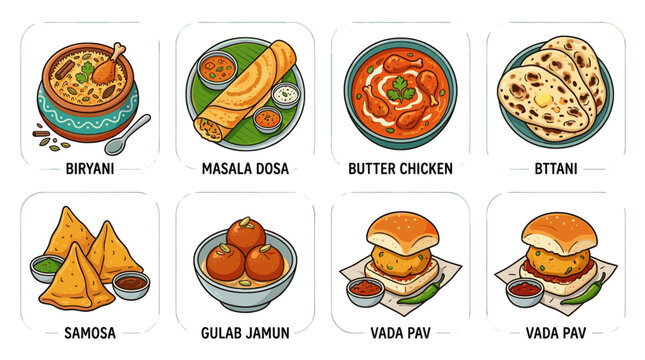 Indian Cuisine Doodle Food Set in Detailed Cartoon Style