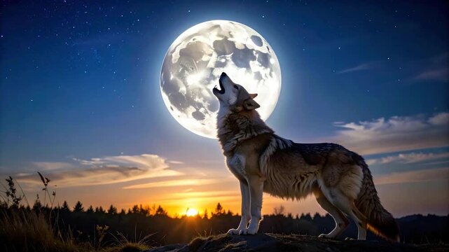 A wolf howls at a full moon amidst a star-studded sky during sunset