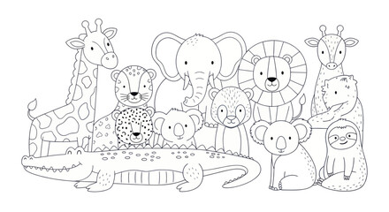 Obraz premium Adorable collection of various wild animals in a charming line art style for childrens coloring books.