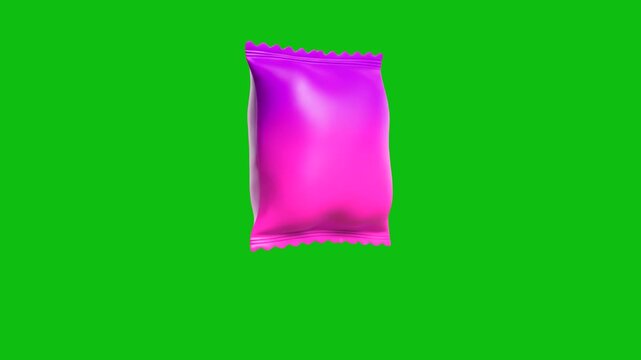 A 3D model of a glossy purple and pink snack food package or chip bag. Floating foil pouch mockup isolated on a chroma key green screen background for commercial product advertising and motion design.