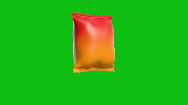 A vibrant orange and red snack bag or chips packaging mockup spinning continuously and smoothly in the air. Isolated on a green screen for creative food marketing and promotional video editing.