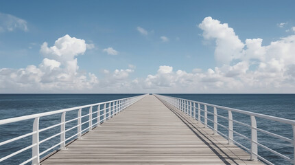 Fototapeta premium long pier or boardwalk extending into the distance under a wide blue sky with large fluffy clouds