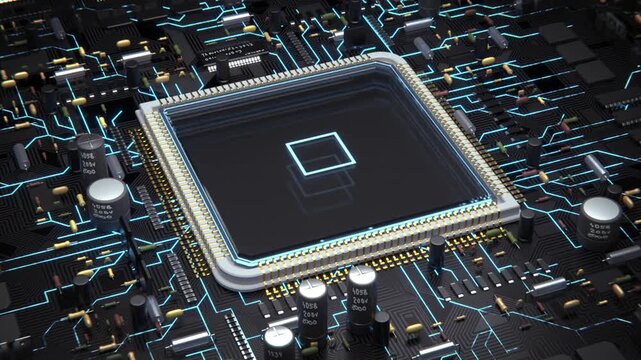 3D Animation of CPU Chipset with Data Flow on Circuit Board in Dark Grainy Style