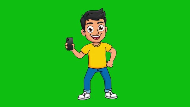 A 2D animated young boy wearing a yellow t-shirt and blue jeans stands in place, holding up a black smartphone and smiling cheerfully. This isolated vector motion graphic asset on a chroma key green b