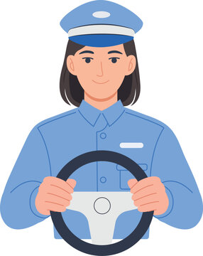 Female Driver Illustration Vector &ndash; Professional Woman Driving Steering Wheel Flat Design