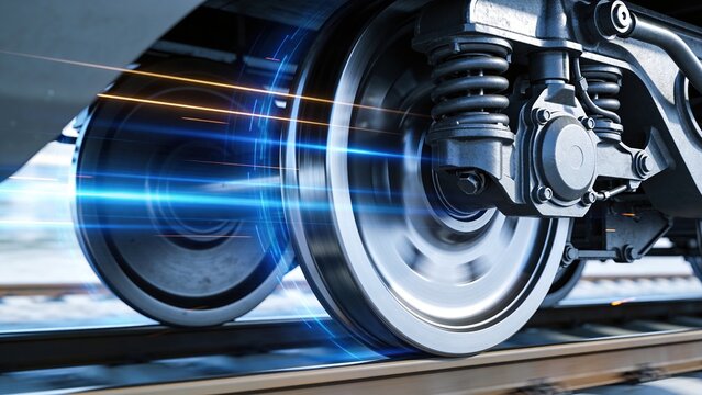 Close-up of a train wheel in motion on railway tracks. The wheel shows metallic details and motion blur, emphasizing speed and technology.