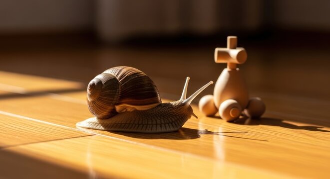 A snail and a wooden toy car on a wooden floor in sunlight.