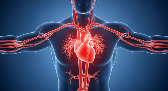Detailed medical illustration showing the bright red human heart anatomy connected to major blood vessels and arteries within a transparent torso to help students and doctors study cardiovascular syst