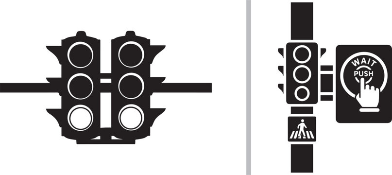 Black traffic light icons and pedestrian crossing signal with push button vector isolated on white background