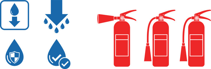 Obraz premium Water Drop and Fire Extinguisher Icon Set with Safety, Protection, Hazard, and Fire Safety Symbols Vector Illustrations for Industrial, Workplace, and Digital Designs