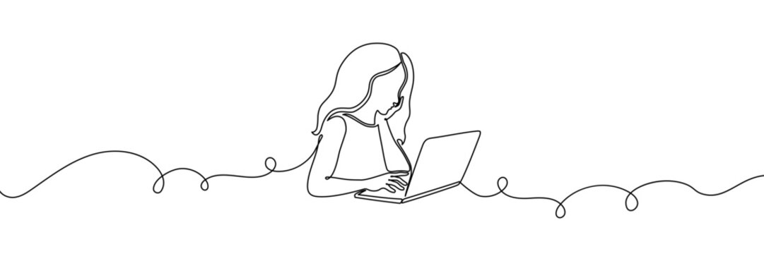 Continuous one line laptop woman computer drawing work desk art. Laptop woman computer outline sketch girl vector worker office customer screen doctor draw healthcare person typing pc businesswoman.