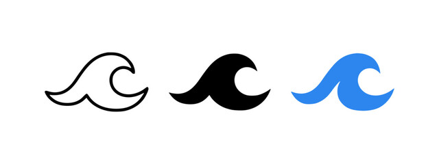 Obraz premium Water wave and ocean ripple icon set with liquid flow symbols in outline and solid styles, sea, fluid movement and nature concept, black icons on light gray background - stock vector