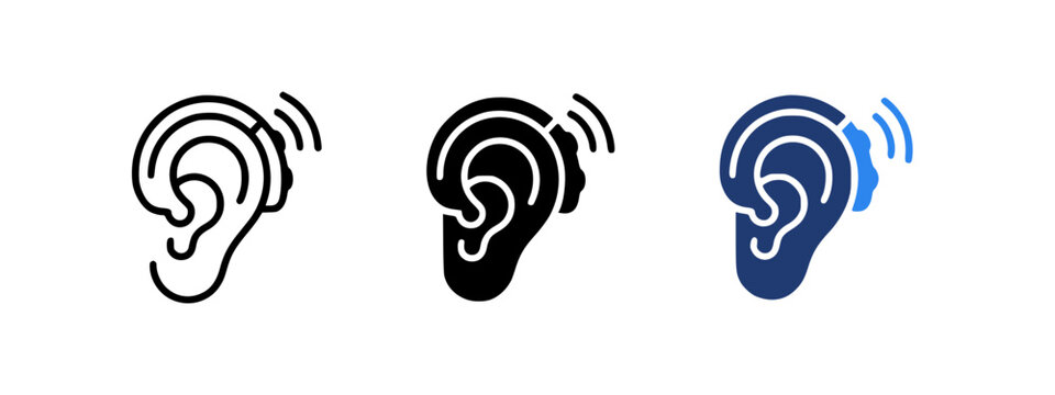 Hearing aid and deaf support icon set with ear symbols in outline and solid styles, accessibility and assistive technology concept, flat black icons on light gray background - stock vector