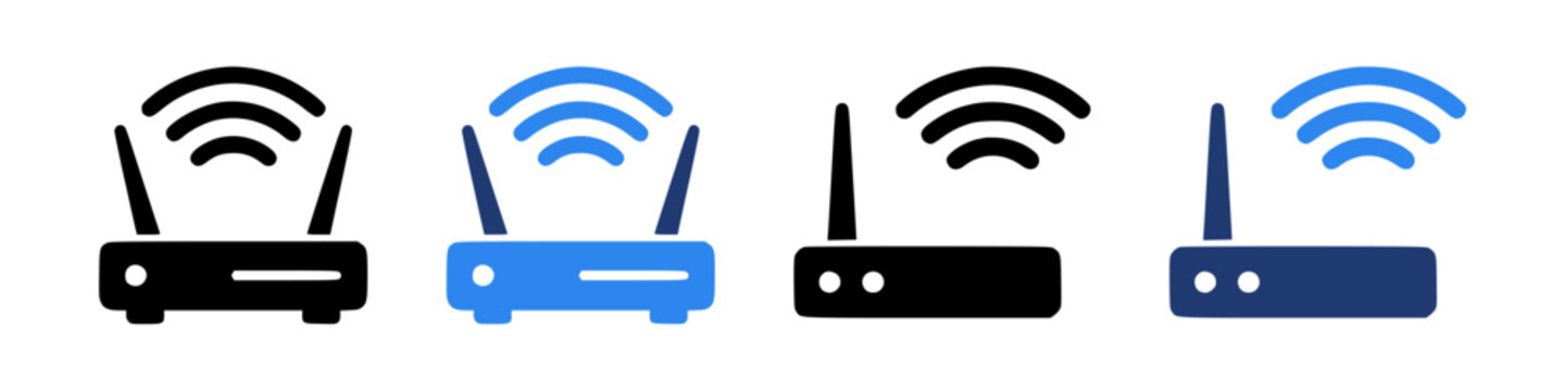 Minimalist WiFi router icon set with outline and solid styles, clean geometric vector symbols for UI, app, internet connectivity, network concept, flat icons on light gray background - stock vector
