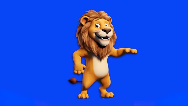 A professional 3D animation of a friendly lion mascot performing a rhythmic dance routine. Set against a vibrant blue background, this asset is optimized with lip sync capabilities for synchronized di