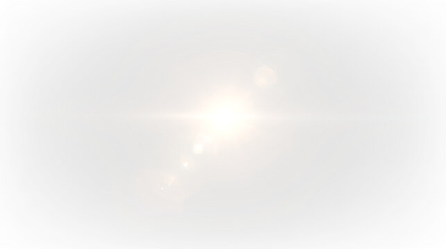 Soft golden light effect with a radiant central orb and scattered circular lens flare elements isolated on transparent background, light overlay, PNG
