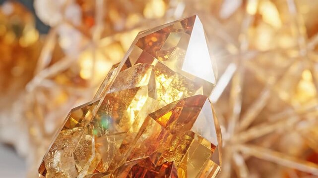 Transparent crystal forms in warm vibrant hues, luxurious abstract background with glowing depth and elegant geometric texture, polished realistic finish, no logos