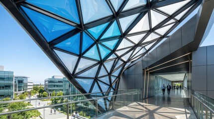 Fototapeta premium Futuristic modern architecture with geometric glass canopy, contemporary corporate office building exterior with blue triangular windows, innovative urban design for commercial real estate.