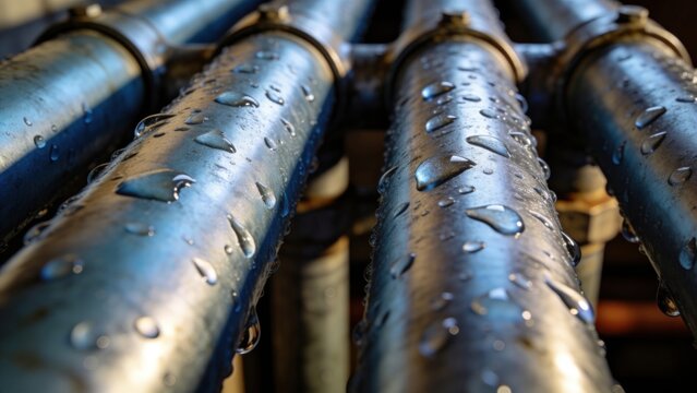 Close-up of metallic pipes with water droplets. The pipes are arranged parallel, showcasing a shiny surface and reflections. Ideal for industrial themes.