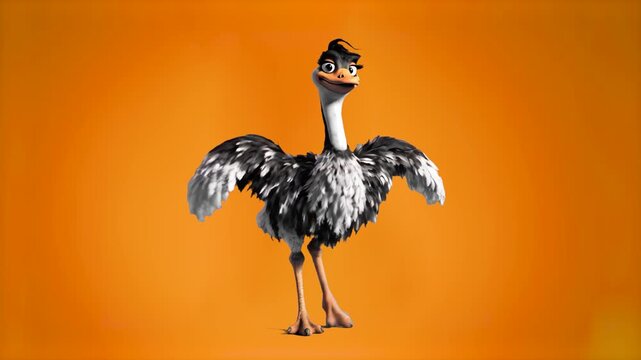 A hilarious 3D animated ostrich or emu bird character with big expressive eyes flaps its wings and performs a comical, high-energy dance against an orange background. Excellent high-density dynamic as