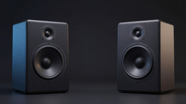 Two modern studio speakers in minimal setup presenting professional audio equipment and sound system technology concept