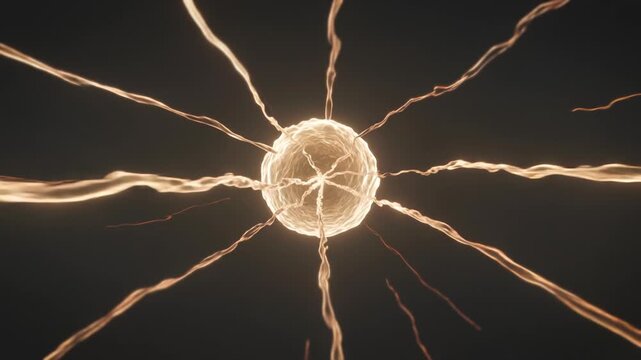 Abstract cinematic scene showing glowing energy streams converging into a radiant central sphere, symbolizing connection, power, flow, and futuristic scientific or cosmic processes