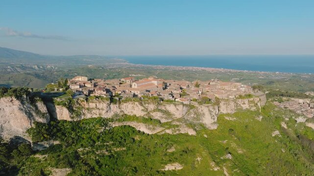 Gerace city in the mountain in Calabria, Italy near the Ocean aerial view