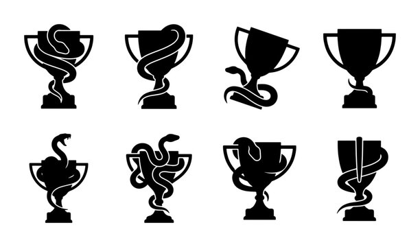 Snake and trophy silhouette icons, set of 8 serpent wrapped around winner cup vectors, black reptile and award goblet symbols for gaming and esports