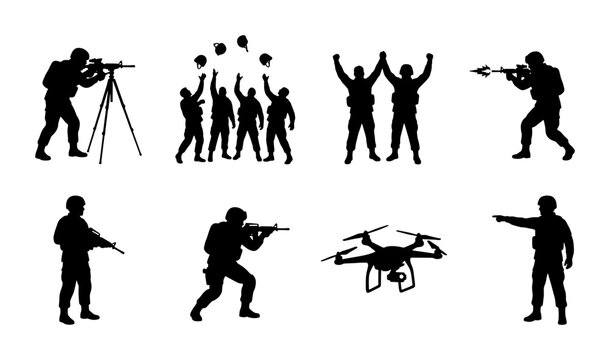 Military soldier silhouettes set, army infantry personnel with rifles and drone, special forces combat team vector icons for tactical design