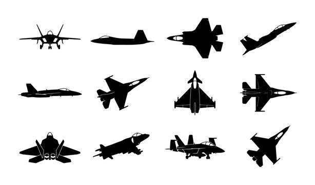 Military fighter jet silhouettes set, 12 modern aircraft vector icons, black combat airplane shapes for air force and aviation design