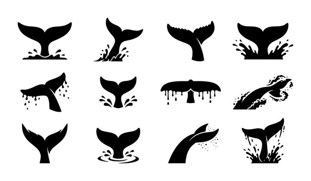 Whale tail silhouette icons set, black fluke vector illustrations with water splashes, marine animal tail fin collection for logo design and nautical branding
