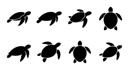 Sea turtle silhouette collection, 8 black turtle vector icons in various swimming poses, marine animal graphic set for ocean conservation branding © Taslima