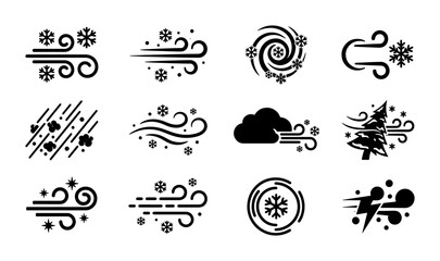 Winter wind icons set, blizzard and snow storm vector symbols, black weather forecast line art, 12 cold climate meteorology elements for web design © Rakibul