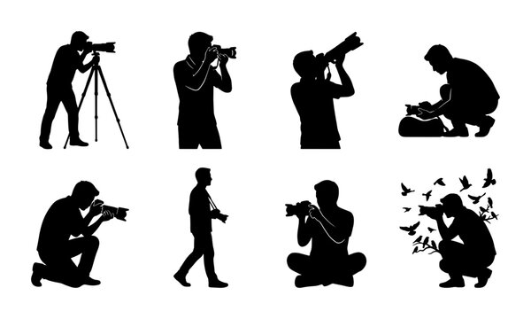 Professional photographer silhouette collection, set of 8 camera operator icons, wildlife and press photography vector elements, man with tripod and telephoto lens
