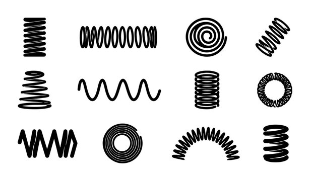 Industrial metal spring icons set, black spiral coil vector illustrations, 12 mechanical compression and tension spring elements for engineering