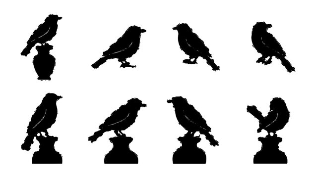 Black bird silhouette collection, set of 8 raven and crow vector icons, dark songbird shapes perched on pedestals and vases for gothic design