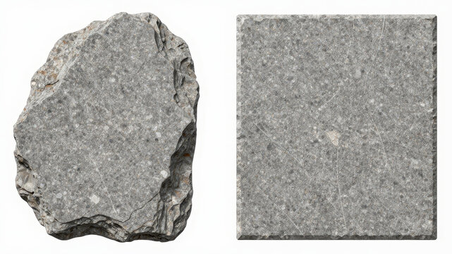 Natural stone slab and textured concrete tile in minimal composition presenting raw construction material and architectural surface concept