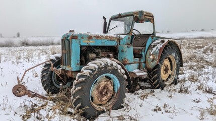 Obraz premium Photo of an old blue tractor and plow, damaged in the style of shelling in the Ukrainian landscape near the village.