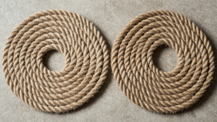 Obraz premium Two coiled rope mats in natural studio composition presenting rustic fiber texture and handcrafted decorative design concept