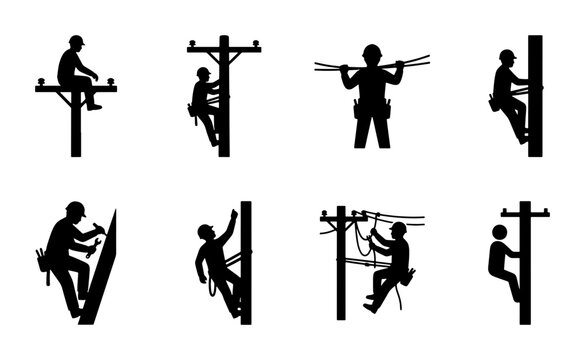 Electrician silhouette icons set, professional lineworker climbing utility poles, electrical technician maintenance worker vector illustrations