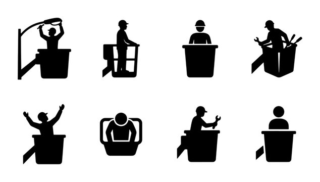 Bucket truck operator icons, industrial cherry picker worker silhouettes, set of 8 utility technician vector symbols for maintenance and repair