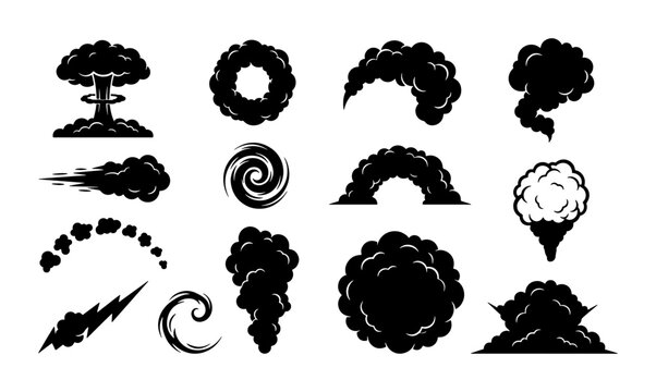 Black smoke clouds and explosion effects set, 12 comic style smoke vector icons, cartoon blast and steam puff silhouettes for motion graphics
