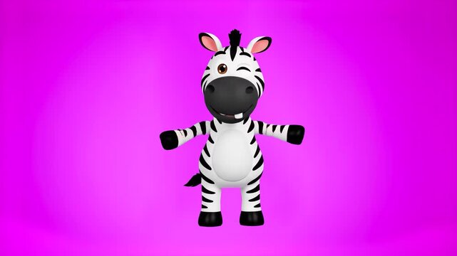 A cute 3D stylized zebra mascot dancing and winking against a soft pink gradient background. Ideal for children's entertainment, nursery rhymes, animal-themed educational content, and playful advertis