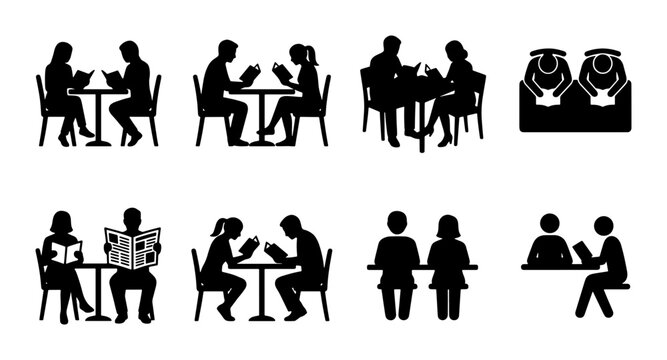 Black silhouette people reading books at tables, library study group icons, students sitting in cafe with newspapers, educational vector set
