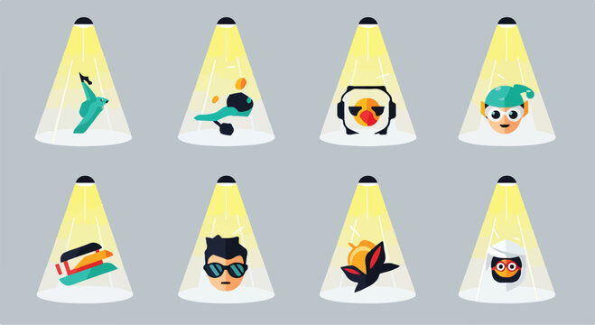 A digital illustration of eight spotlight beams on various cartoon characters
