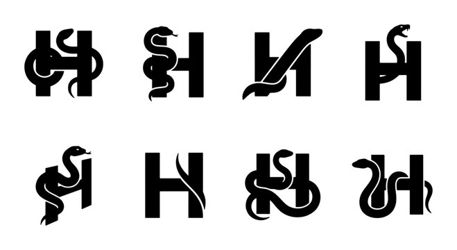 Minimalist snake letter H logo set, black serpent monogram collection, modern reptile alphabet icons, 8 vector lettermark designs for branding